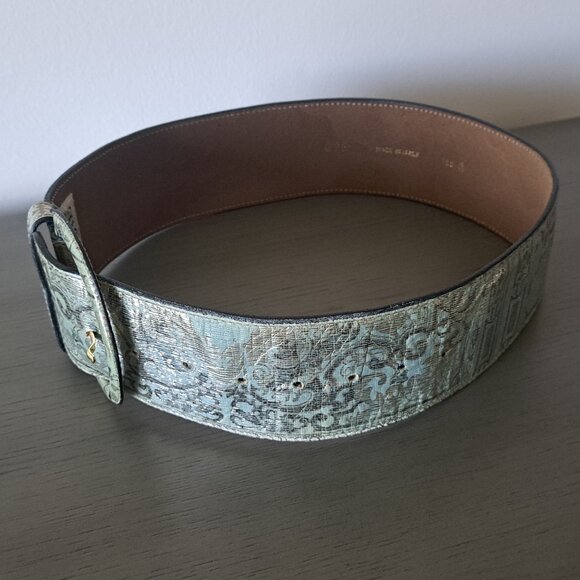 Gianfranco Ferre Italy Wide Belt Turquoise Leather Metallic Paisley Vintage 90s main image 5